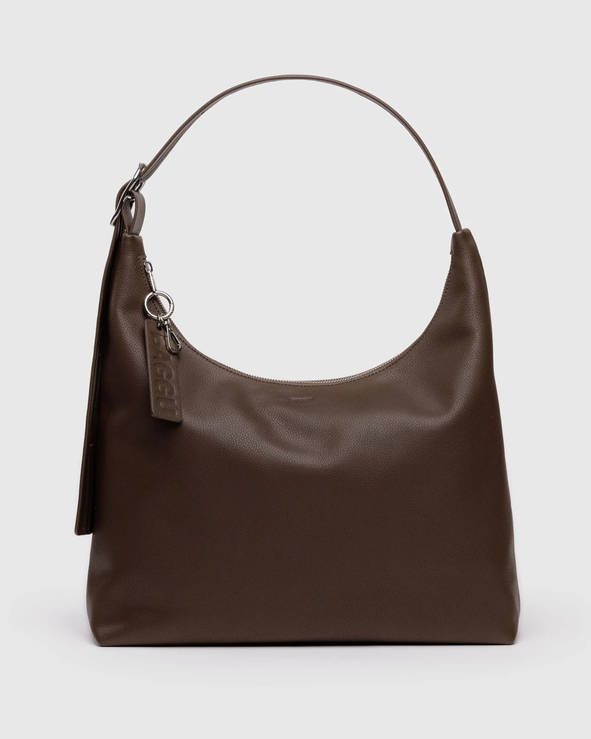 Brown recycled leather shoulder bag with top handle and hanging charm, front view