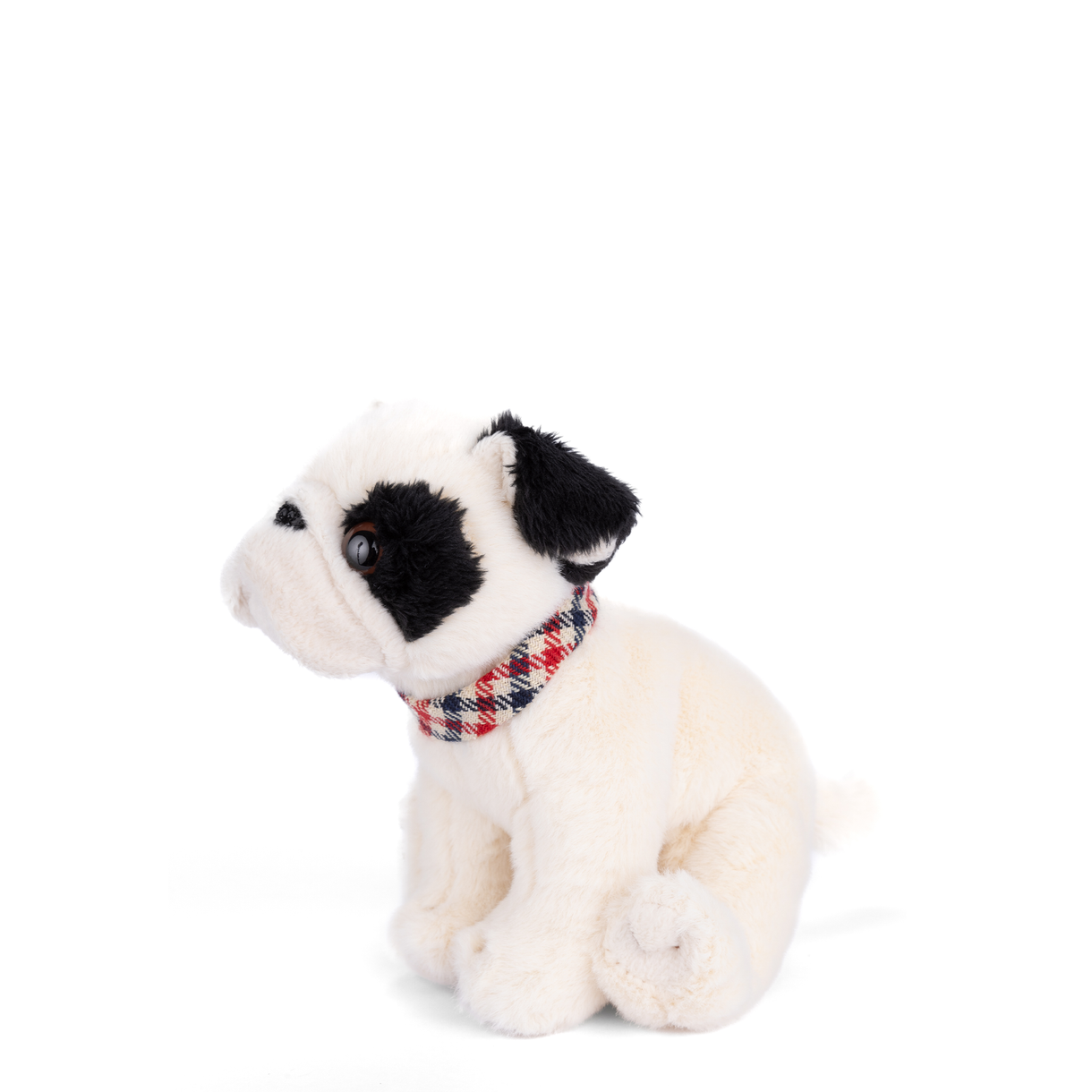 White plush pug toy with black ear patches and red plaid bandana, sitting pose