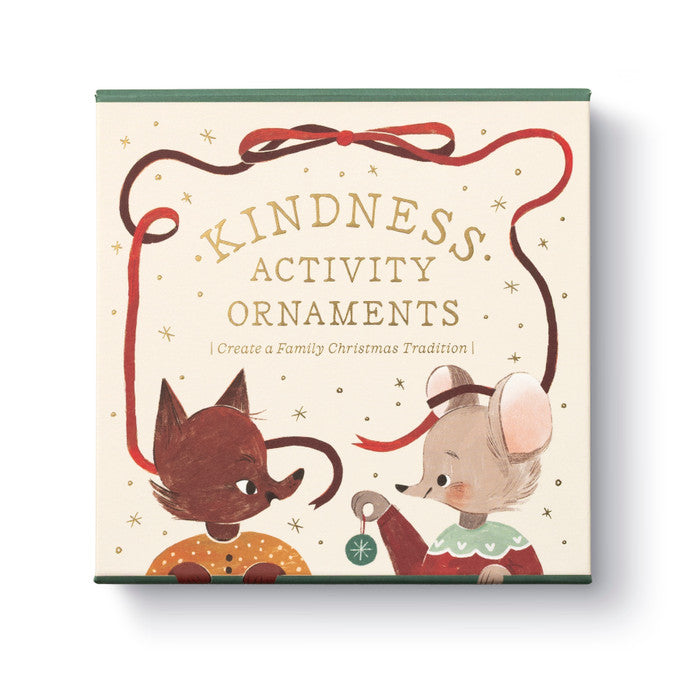 Kindness Activity Ornaments book-style box with mice illustrations and gold title text.