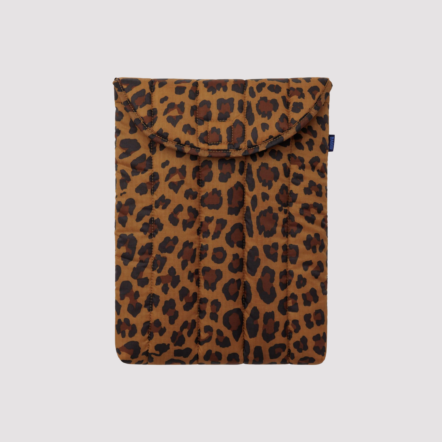 Brown puffy 13"/14" laptop sleeve with leopard print and top flap.