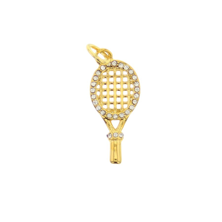 Gold-tone tennis racket charm with clear CZ stones and grid pattern