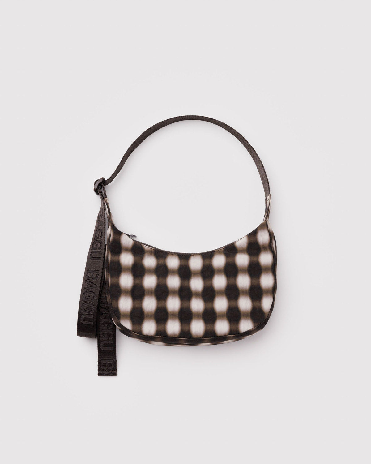 Small nylon crescent bag with brown and cream gingham pattern and dark strap