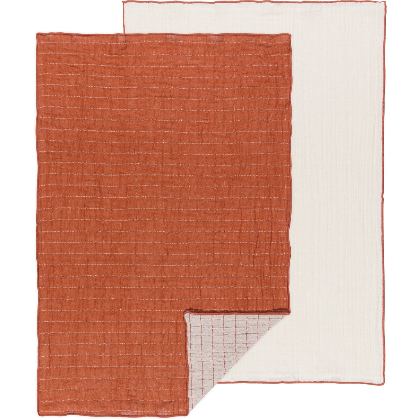 Double-weave dishtowel set of 2 in terracotta and white, fine striped weave.