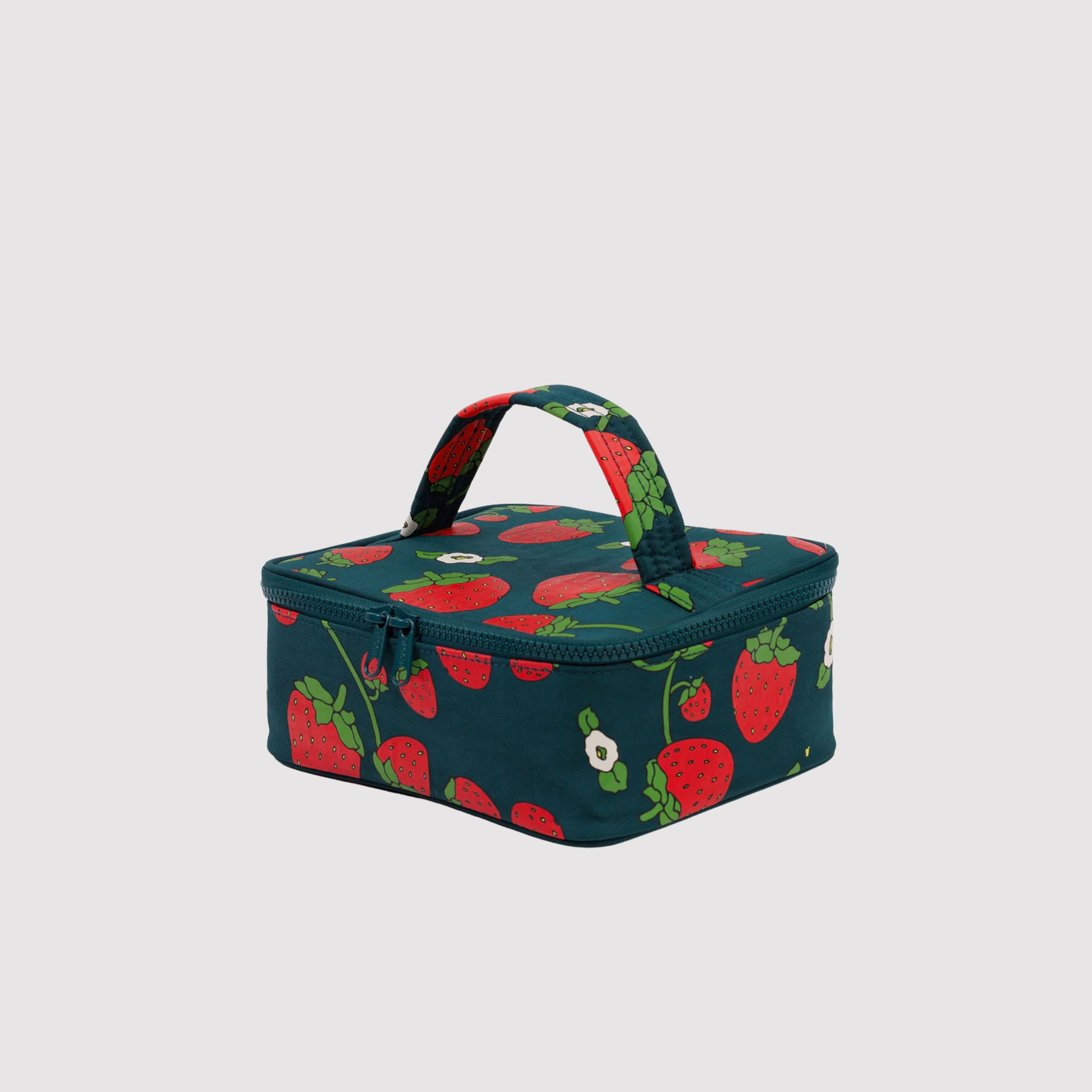 Small cosmetic case, teal fabric with strawberry print, top handle and zip closure
