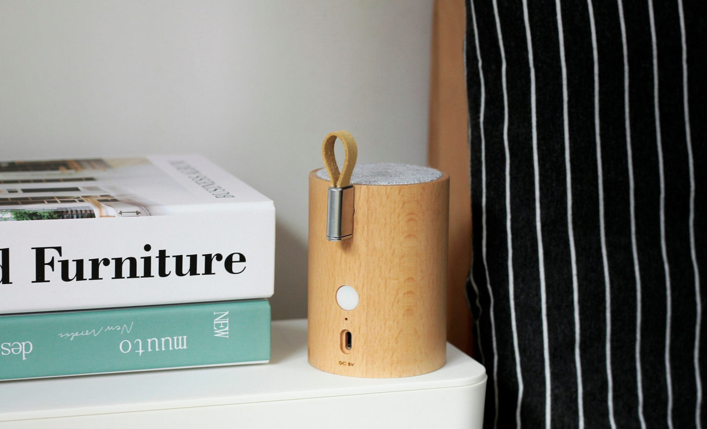 Wood cylindrical Bluetooth drum speaker with hanging loop, side ports
