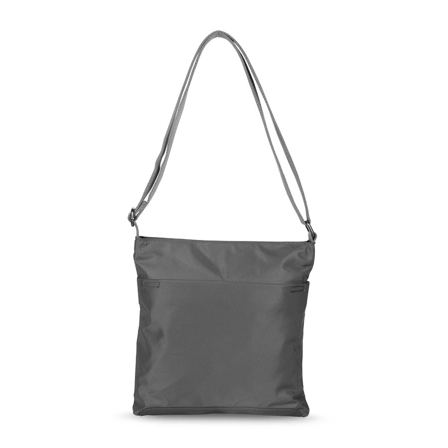 Charcoal gray nylon crossbody bag with top zipper, adjustable shoulder strap, and front pocket