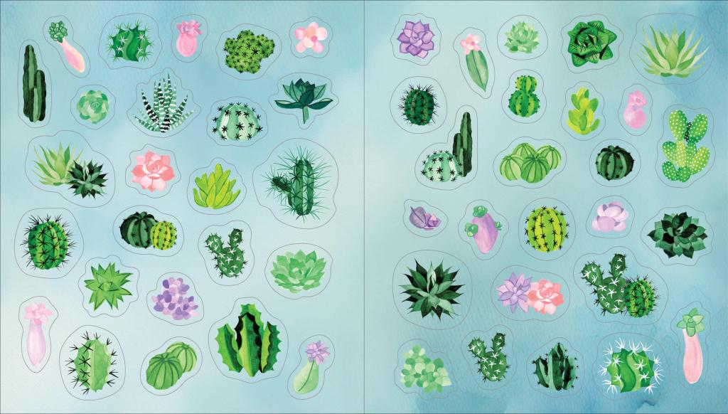 Succulent and cactus sticker sheet with pastel green and pink plants on light blue