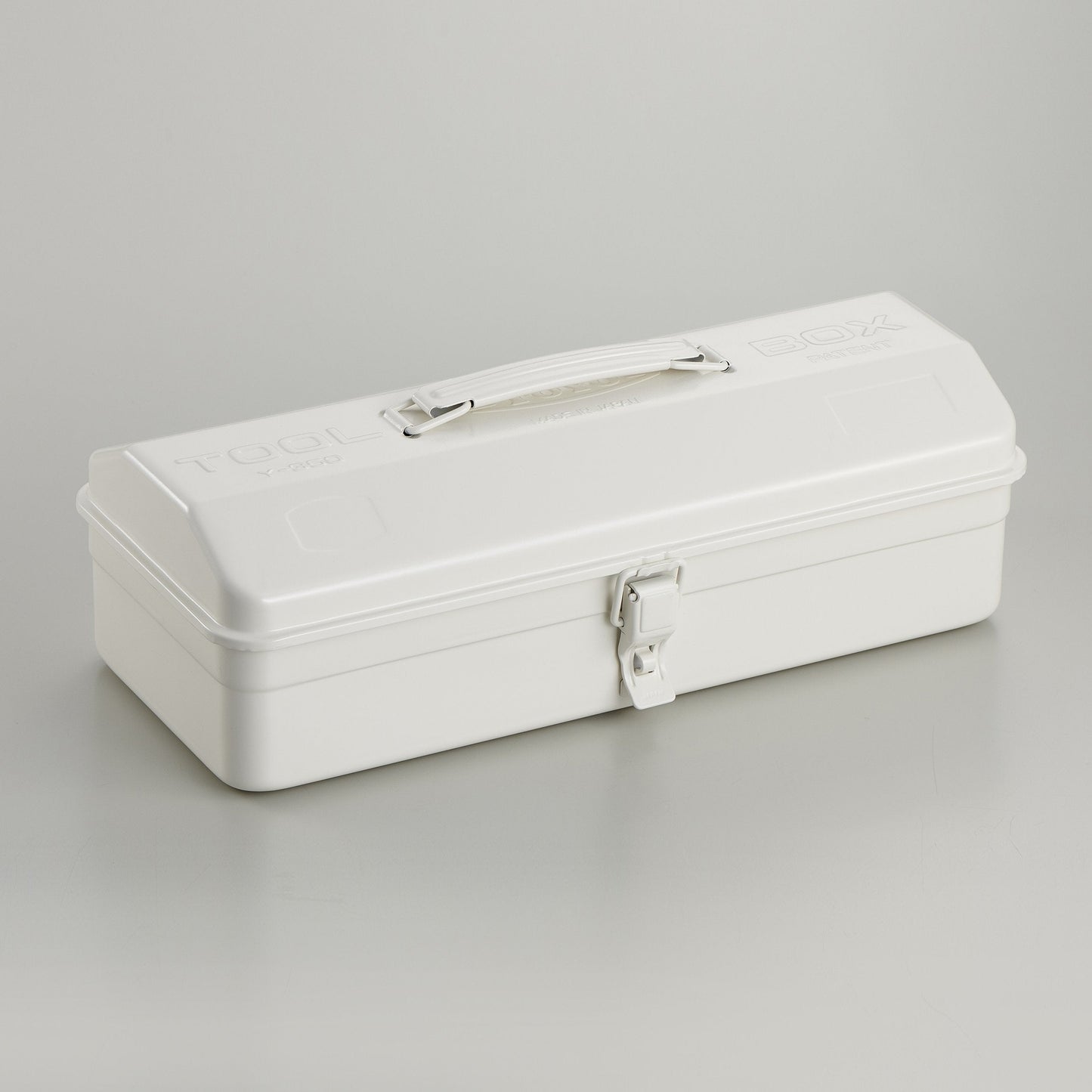 White steel toolbox with top handle and camber lid, front metal latch closure
