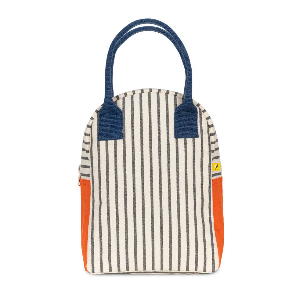Striped zipper lunch bag with blue handles, natural base, and orange side panels