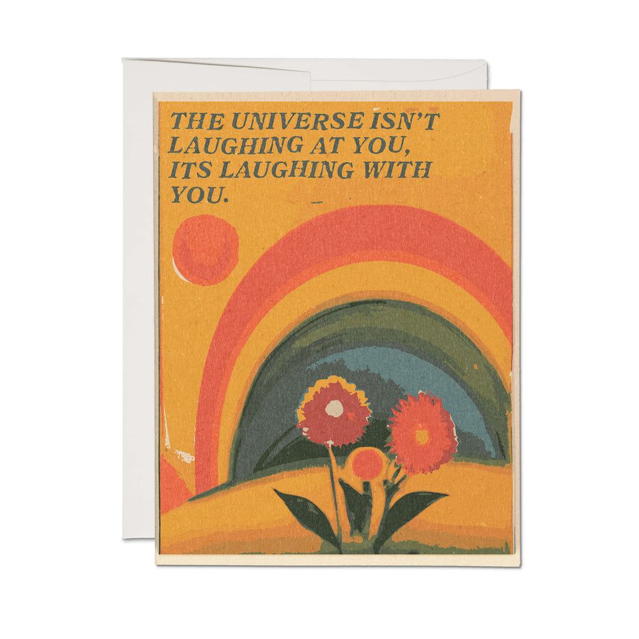 Encouragement greeting card with orange rainbow arch, flowers, and quote text