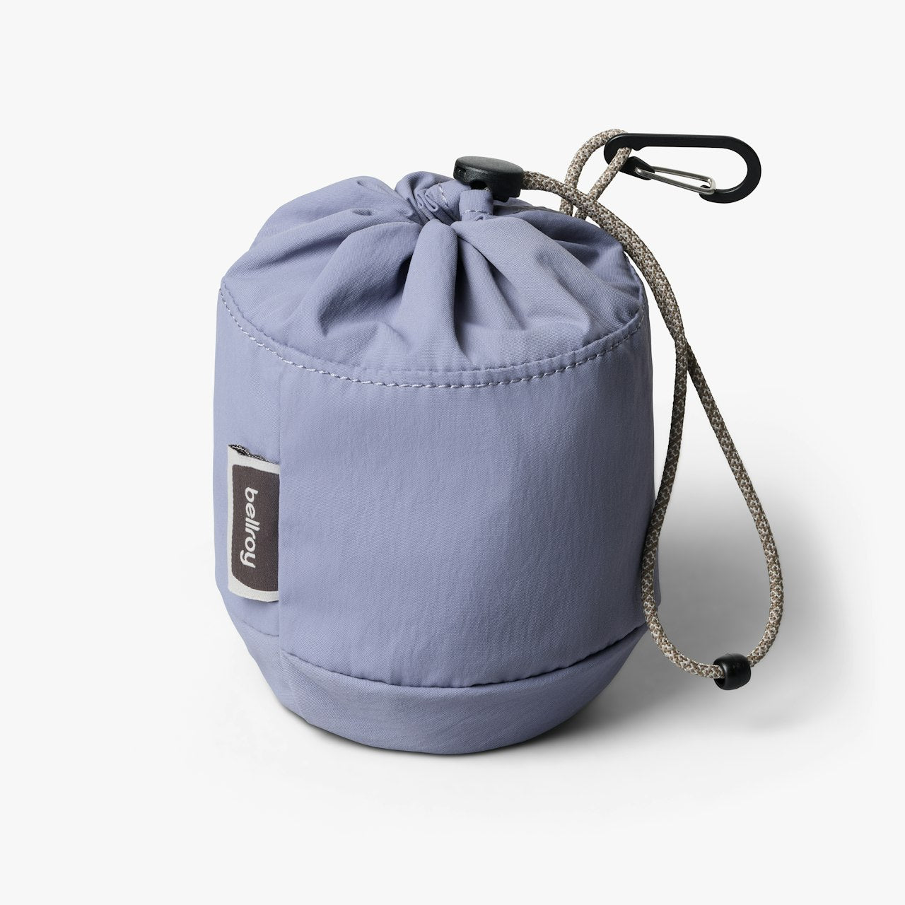 Lilac cinch drawstring pouch with carabiner clip and braided rope drawcord