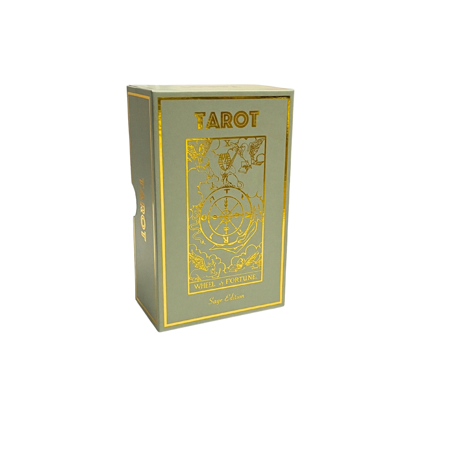 Tarot deck box with gold-foil Tarot lettering and ornate celestial design