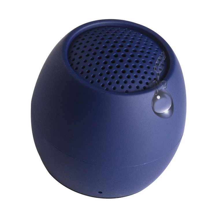 Mini wireless speaker in navy blue with top grille and small hanging loop