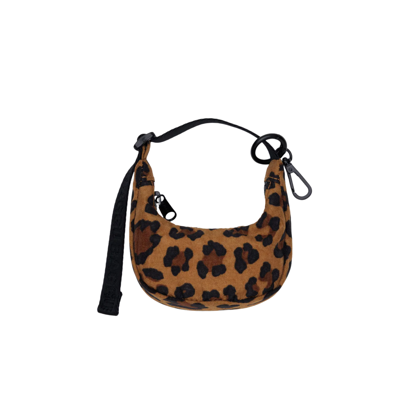 Leopard print crescent bag charm with black drawstring loops