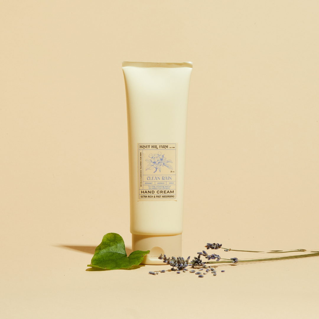 Hand cream tube, pale-yellow, Clean Rain scent label