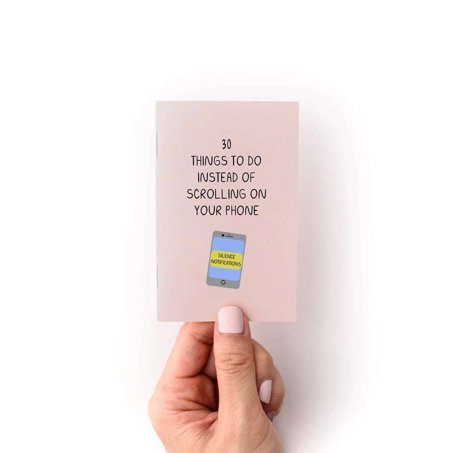 Phone-free activity zine with pink cover, phone icon, and '30 things to do' text