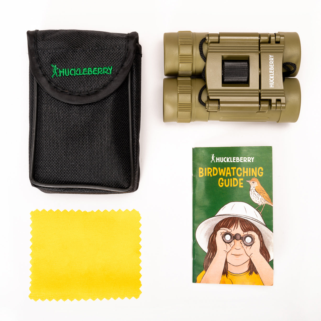 Olive binoculars with black carrying pouch and HUCKLEBERRY Birdwatching Guide