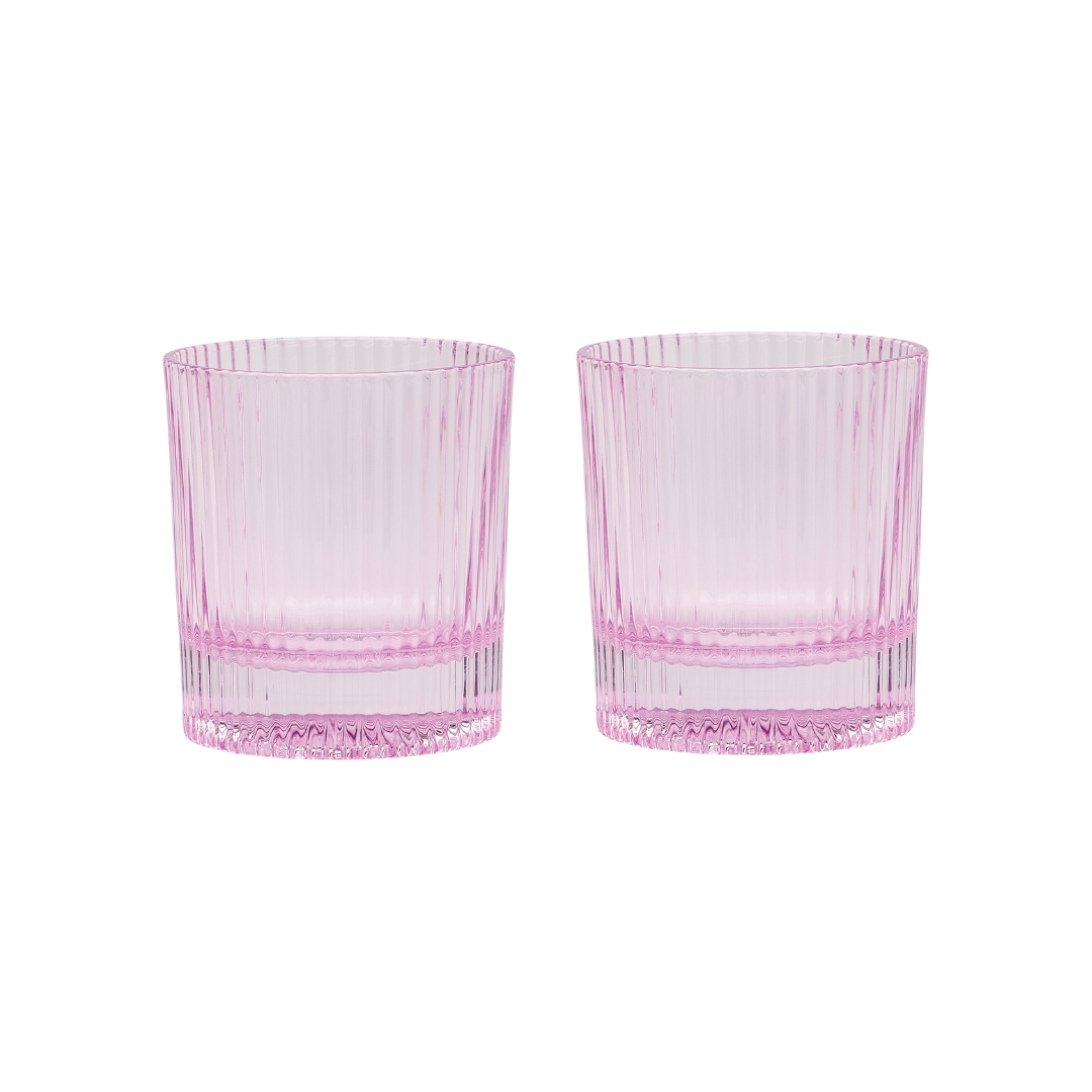 Set of two lowball glasses in lilac pink with ribbed sides and dark base band