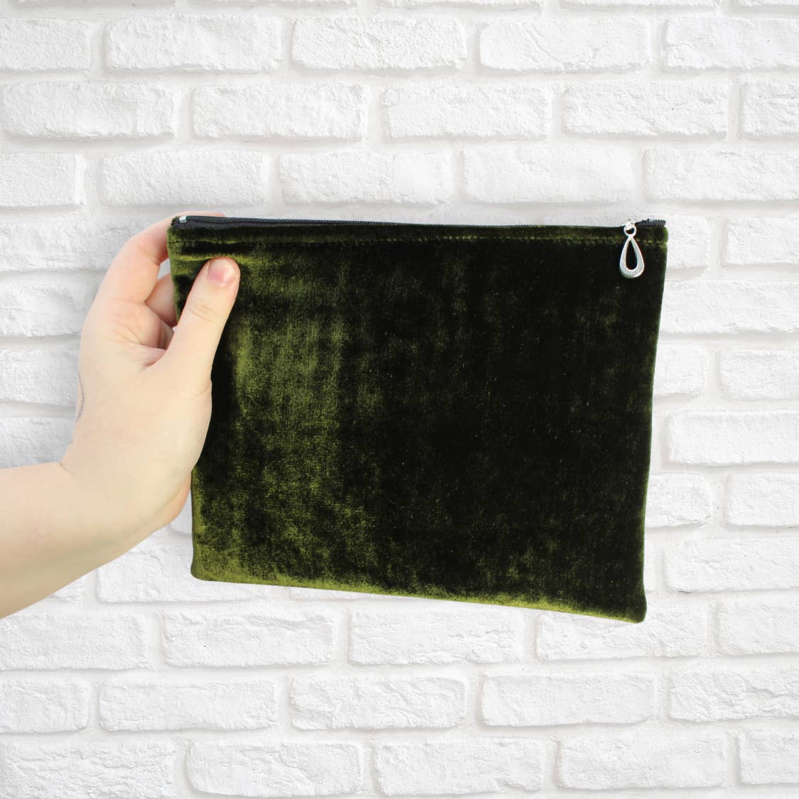 Large silk velvet pouch with drawstring, dark pine green