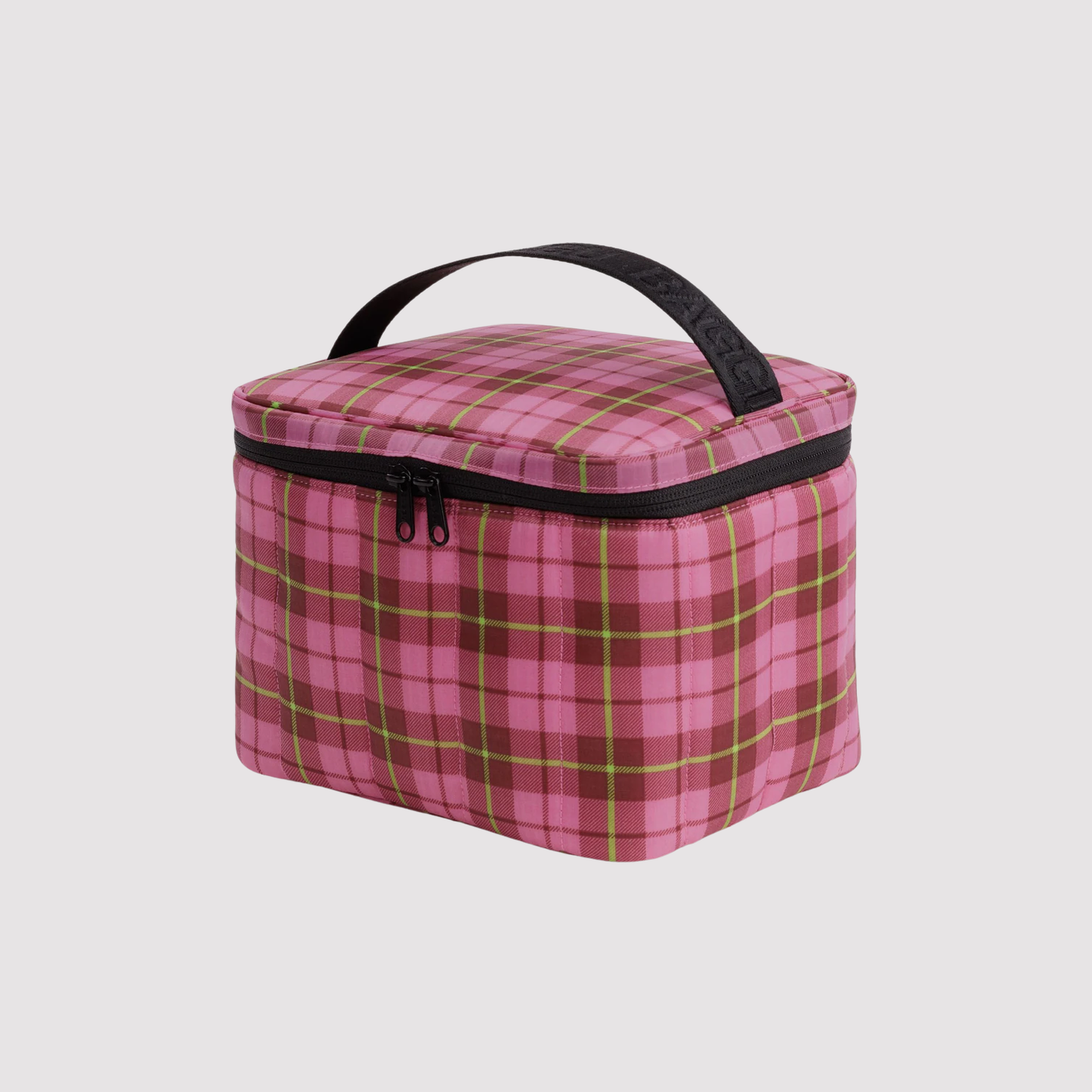 Puffy lunch bag with pink plaid pattern, black zipper and handle