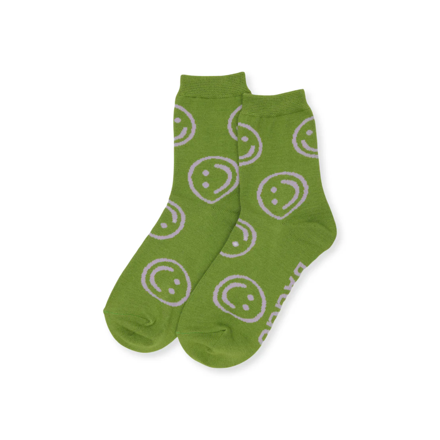 Crew-length socks in green with light green smiley face pattern, two-pack view.