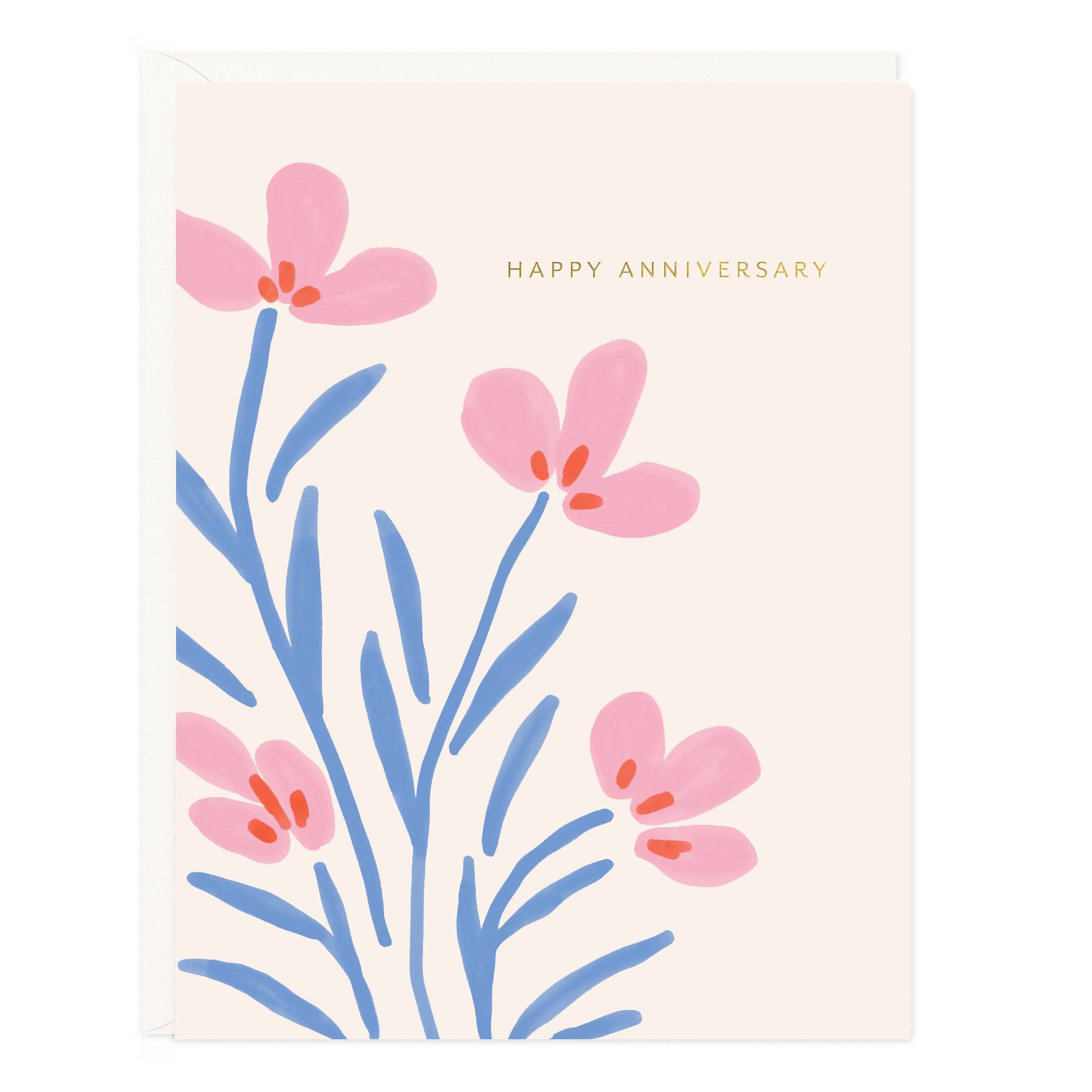 Anniversary floral greeting card with pink flowers, orange centers, and “Happy Anniversary” text