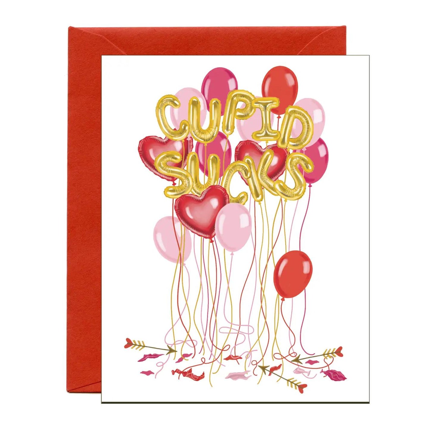 Valentine greeting card with gold-pink balloon lettering and red heart balloons