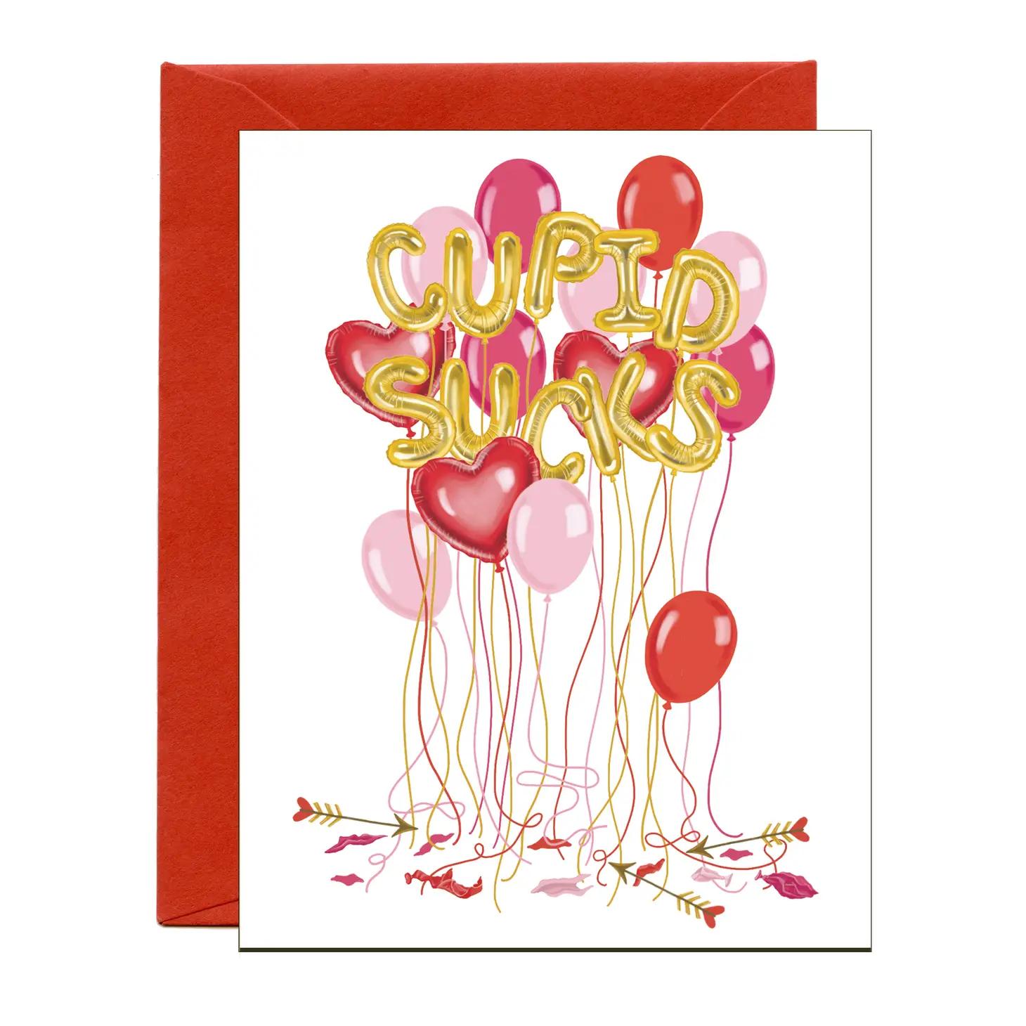 Valentine greeting card with gold-pink balloon lettering and red heart balloons