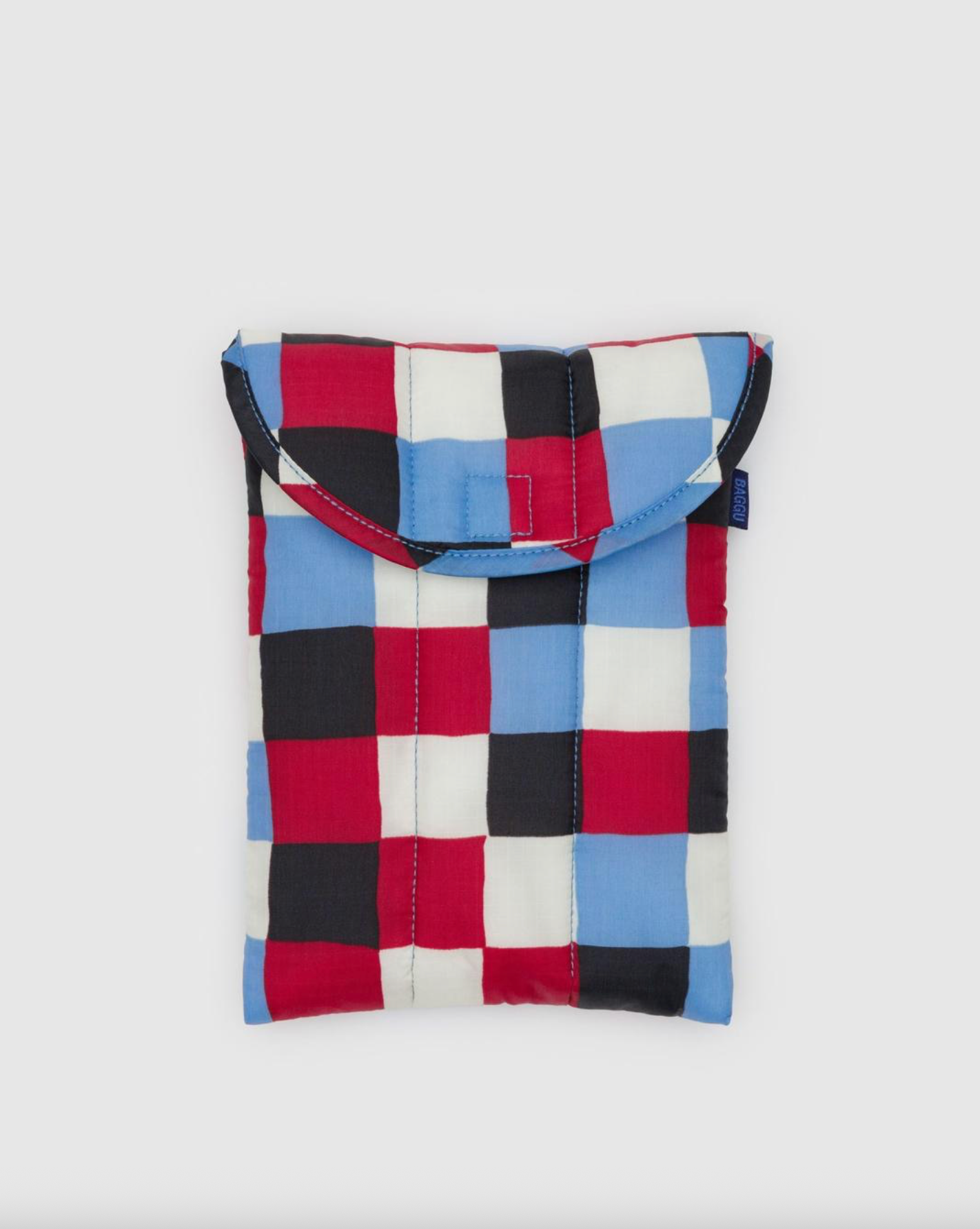8-inch puffy tablet sleeve with red, blue, and black plaid patch design