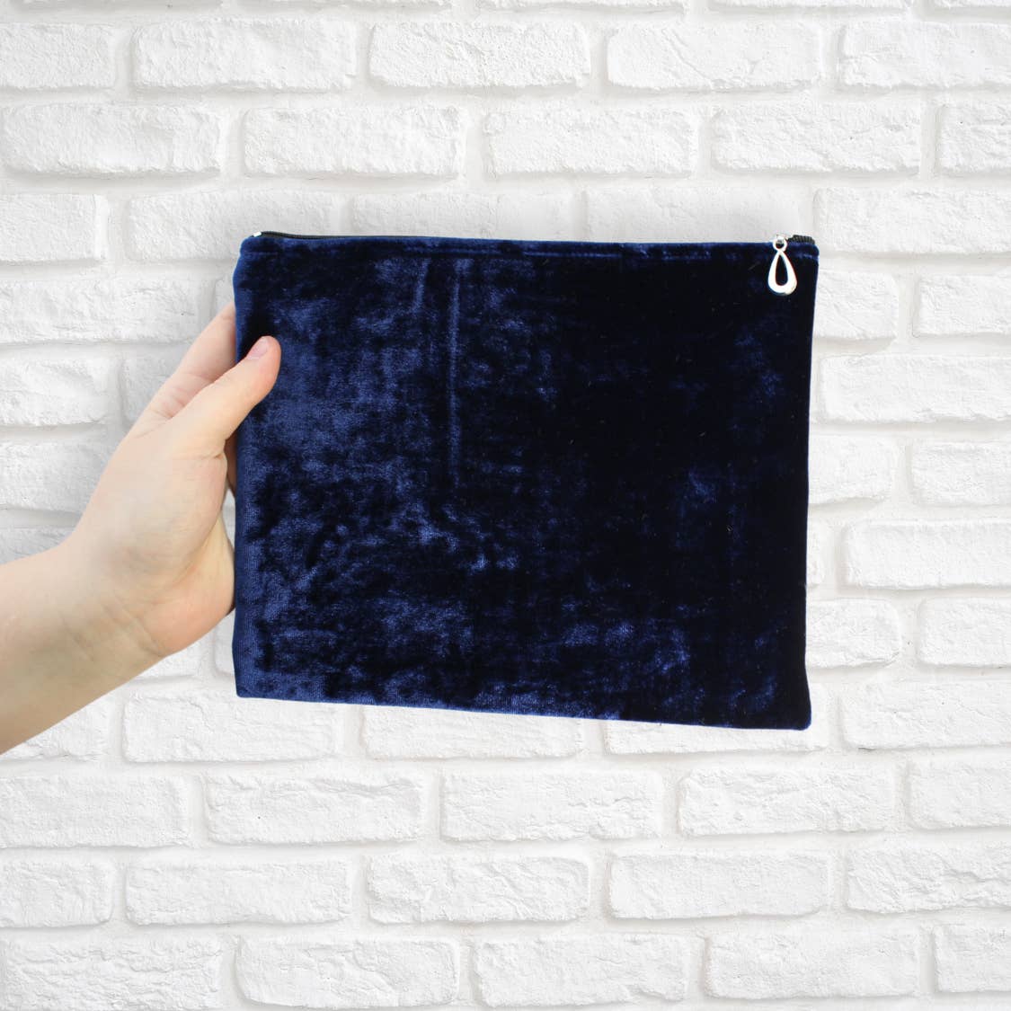 Large silk velvet pouch with drawstring, deep indigo blue