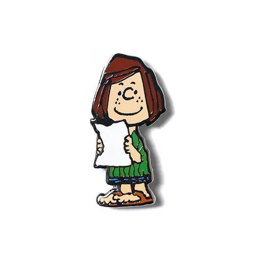Cartoon character enamel pin: red-brown hair, green outfit, blue pants, yellow shoes