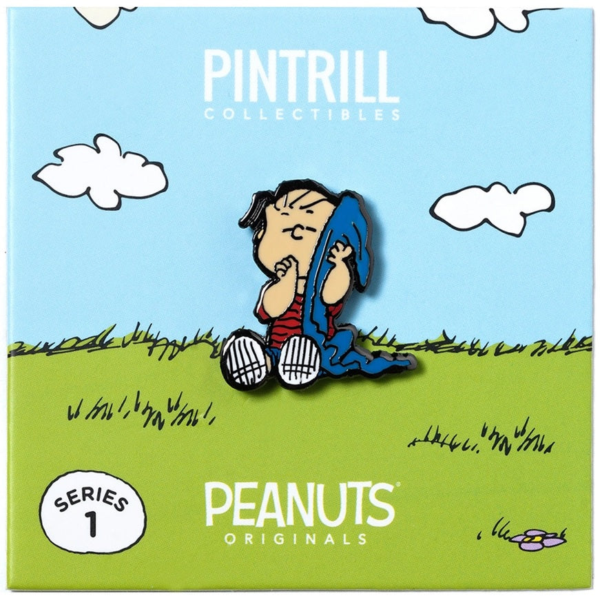 Peanuts collectibles pin box showing Linus sitting with blue blanket, Series 1