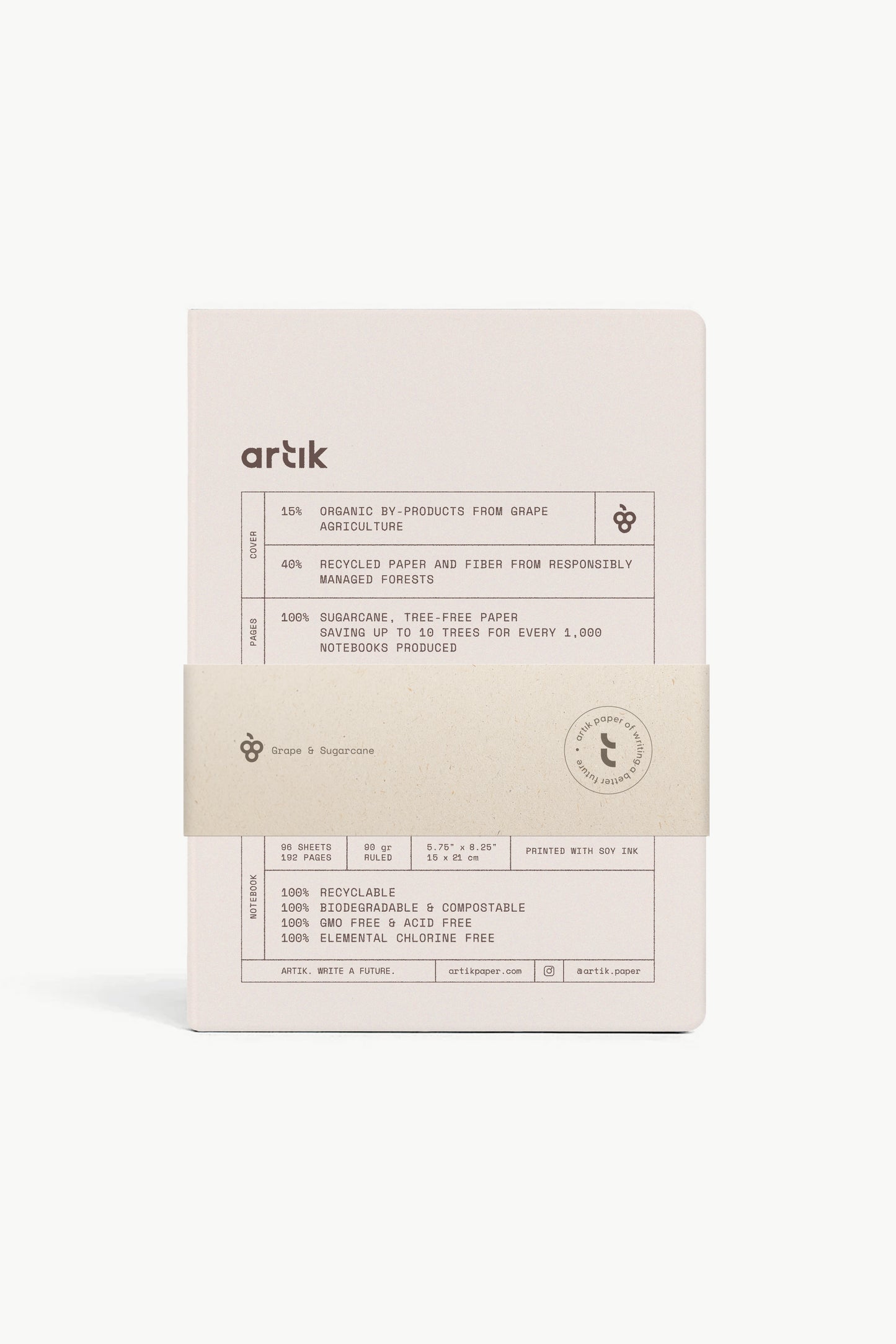 Hard cover lined journal in hazelnut beige, arik logo with ingredients panel