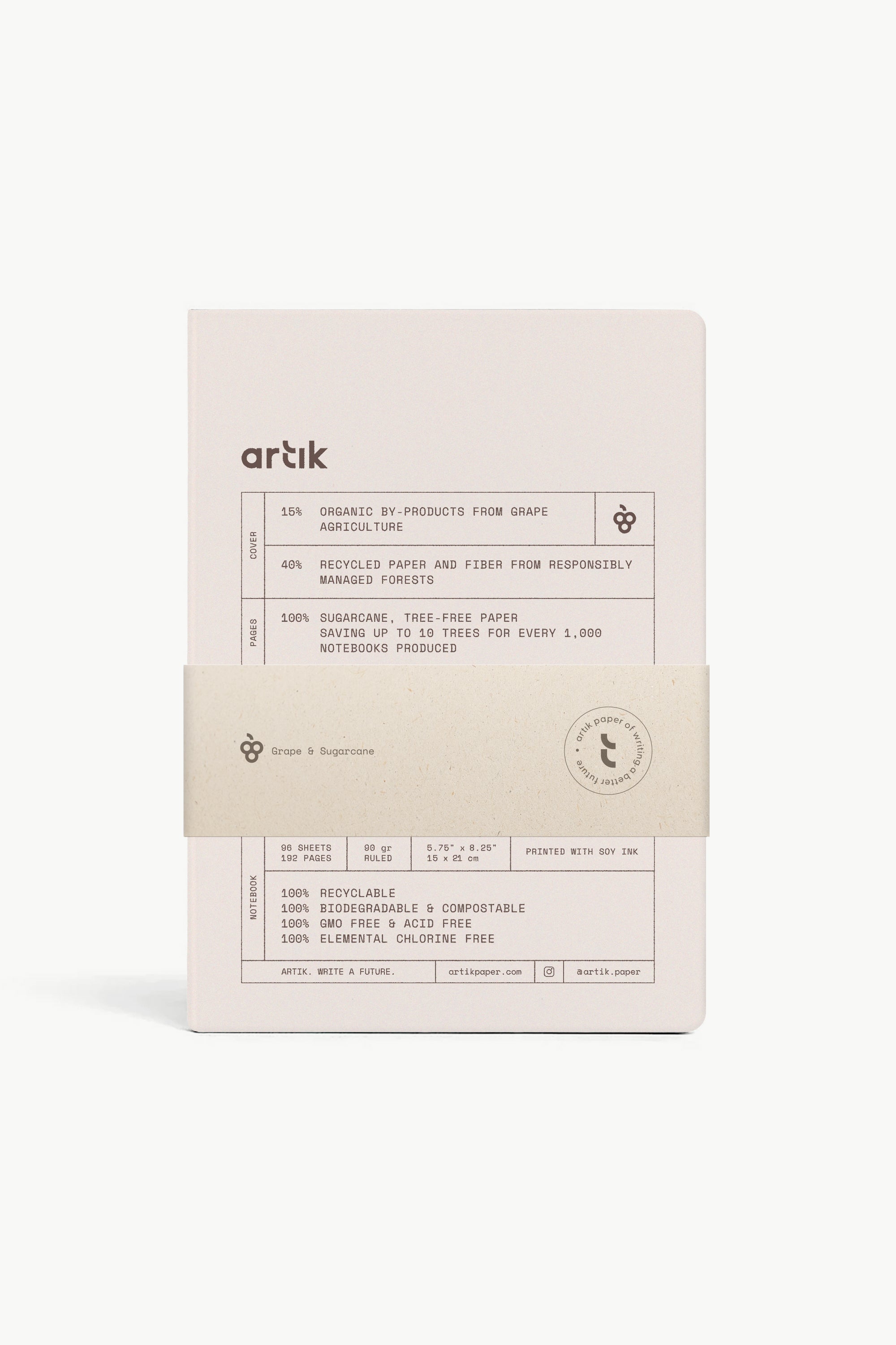 Hard cover lined journal in hazelnut beige, arik logo with ingredients panel