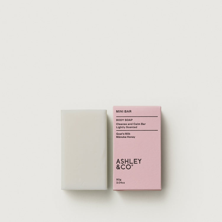 Mini soap bar with white bar and pink Ashley & Co box