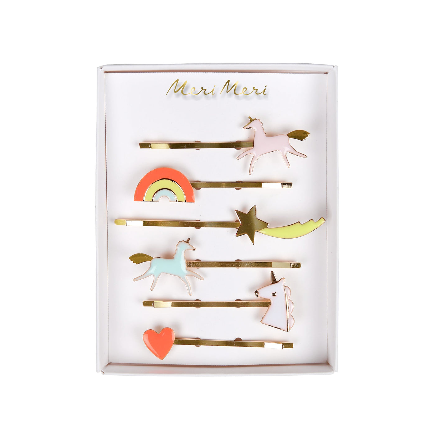 Enamel unicorn hair slides set with star, rainbow, and heart designs on gold clips
