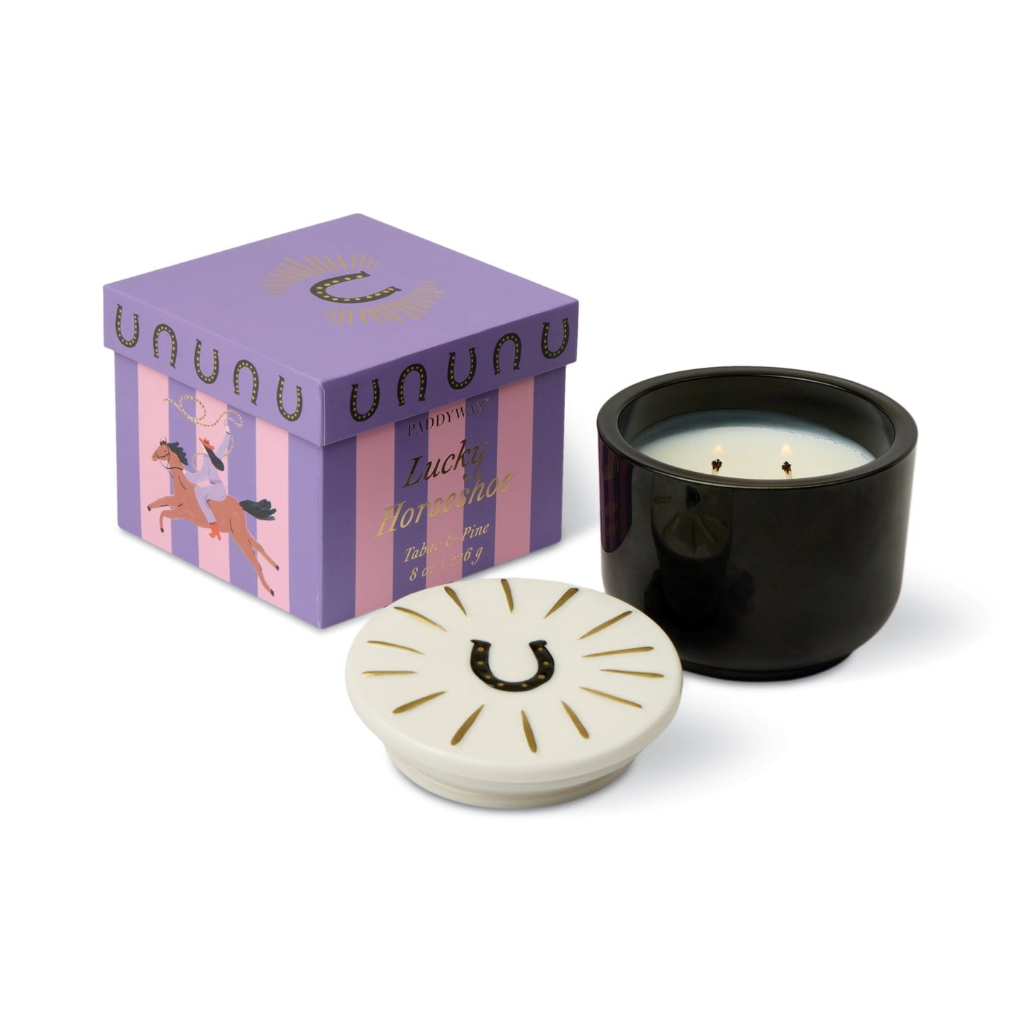 8 oz candle in black jar with horseshoe lid, tobacco and pine scent