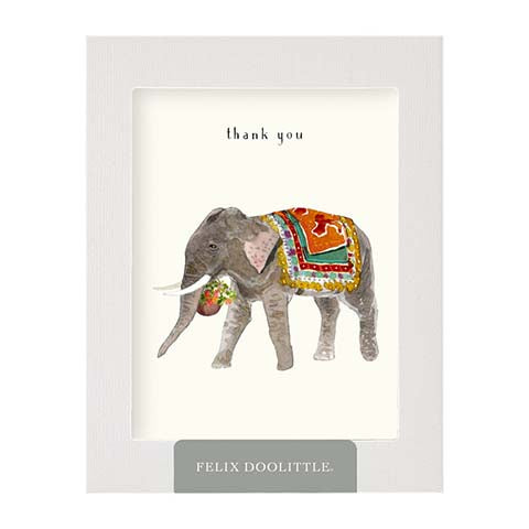 Thank you card in gift box with gray elephant art; 'FELIX DOOLITTLE' text at bottom