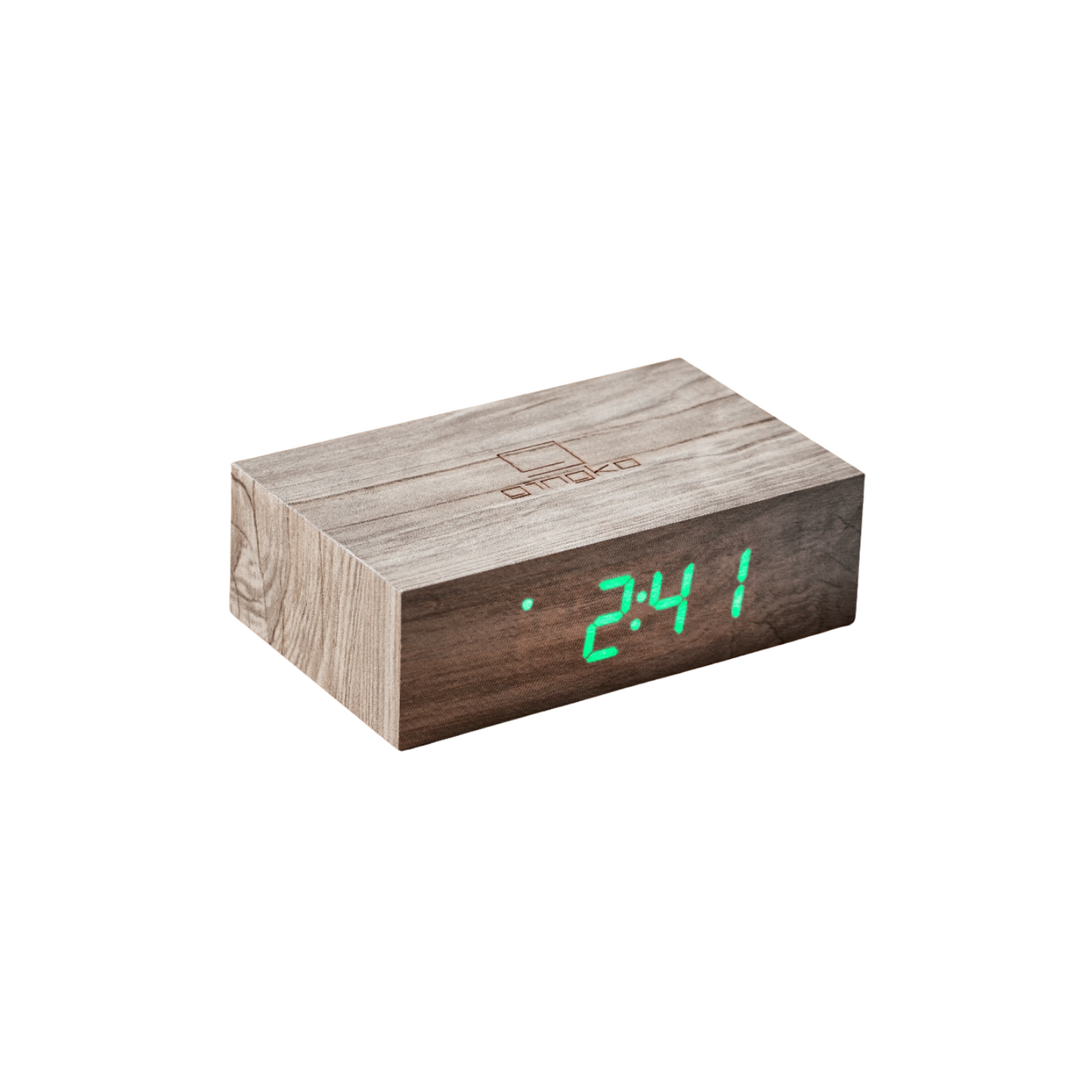 Dark wood Flip Click Clock block with green LED digits on the front display