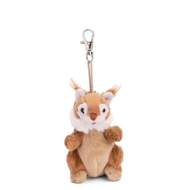 Plush animal bag charm with metal carabiner clip, brown and cream fur