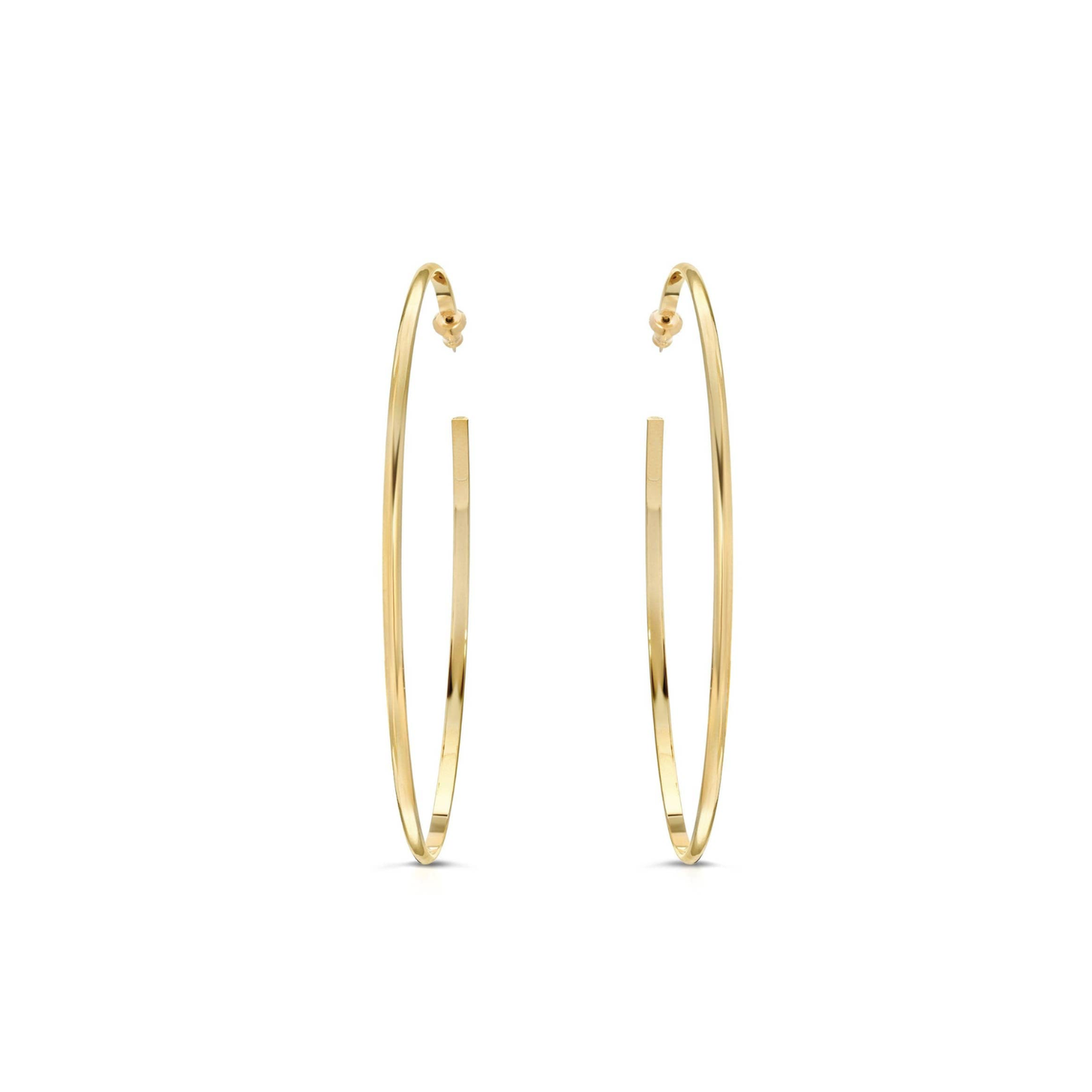 Gold hoop earrings with hinged clasp, slim oval profile