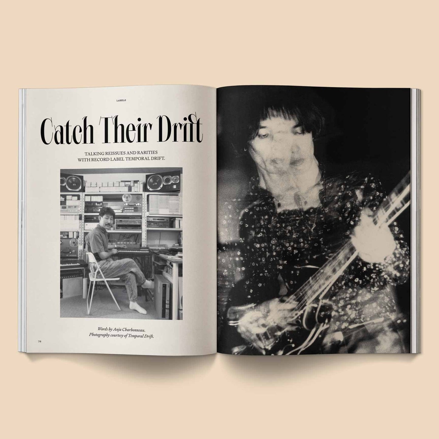 Opened music magazine spread titled "Catch Their Drift" with black-and-white musician photo