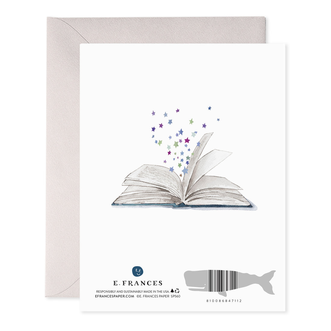 Greeting card with open book, colorful stars, whale silhouette, and barcode