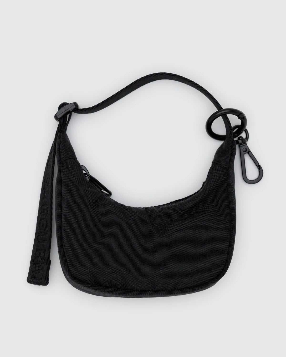 Black crescent bag charm pouch with black loop and clip