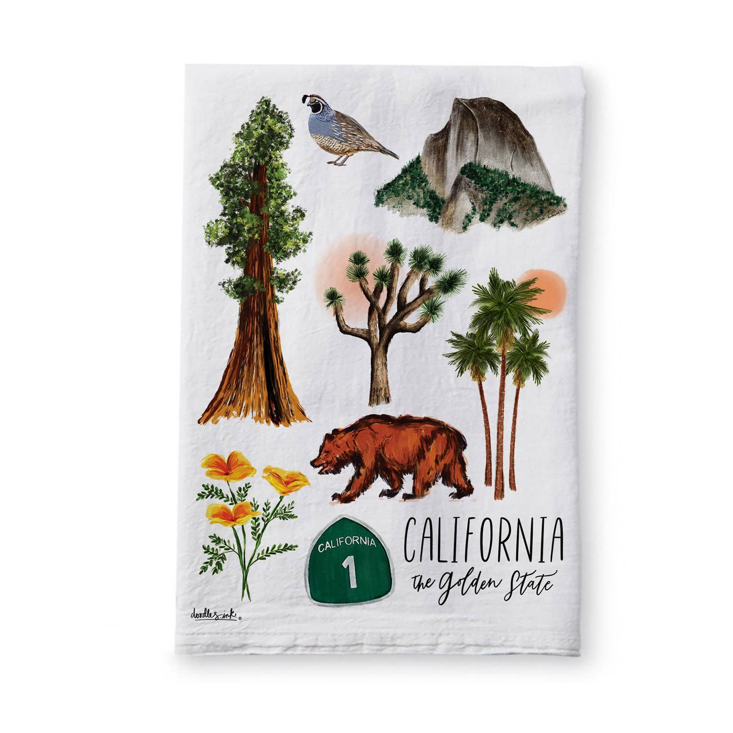 Tea towel with California collage: trees, bear, bird, and "the Golden State"