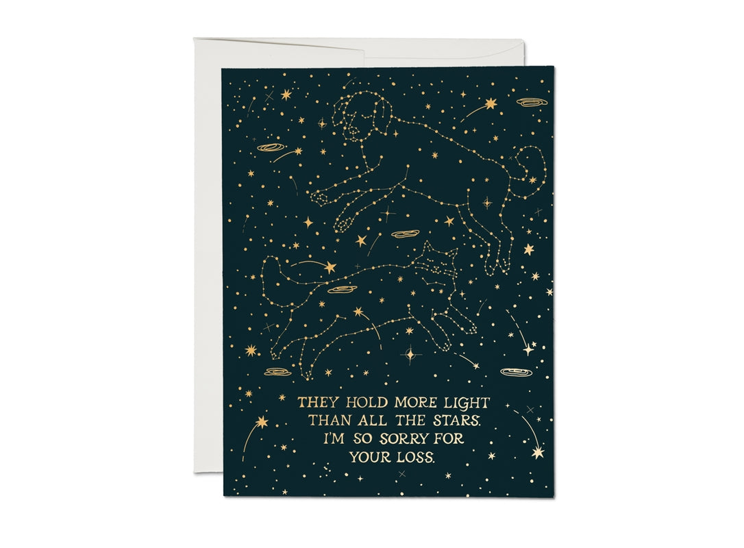 Pet sympathy card with dark blue constellations and condolence message
