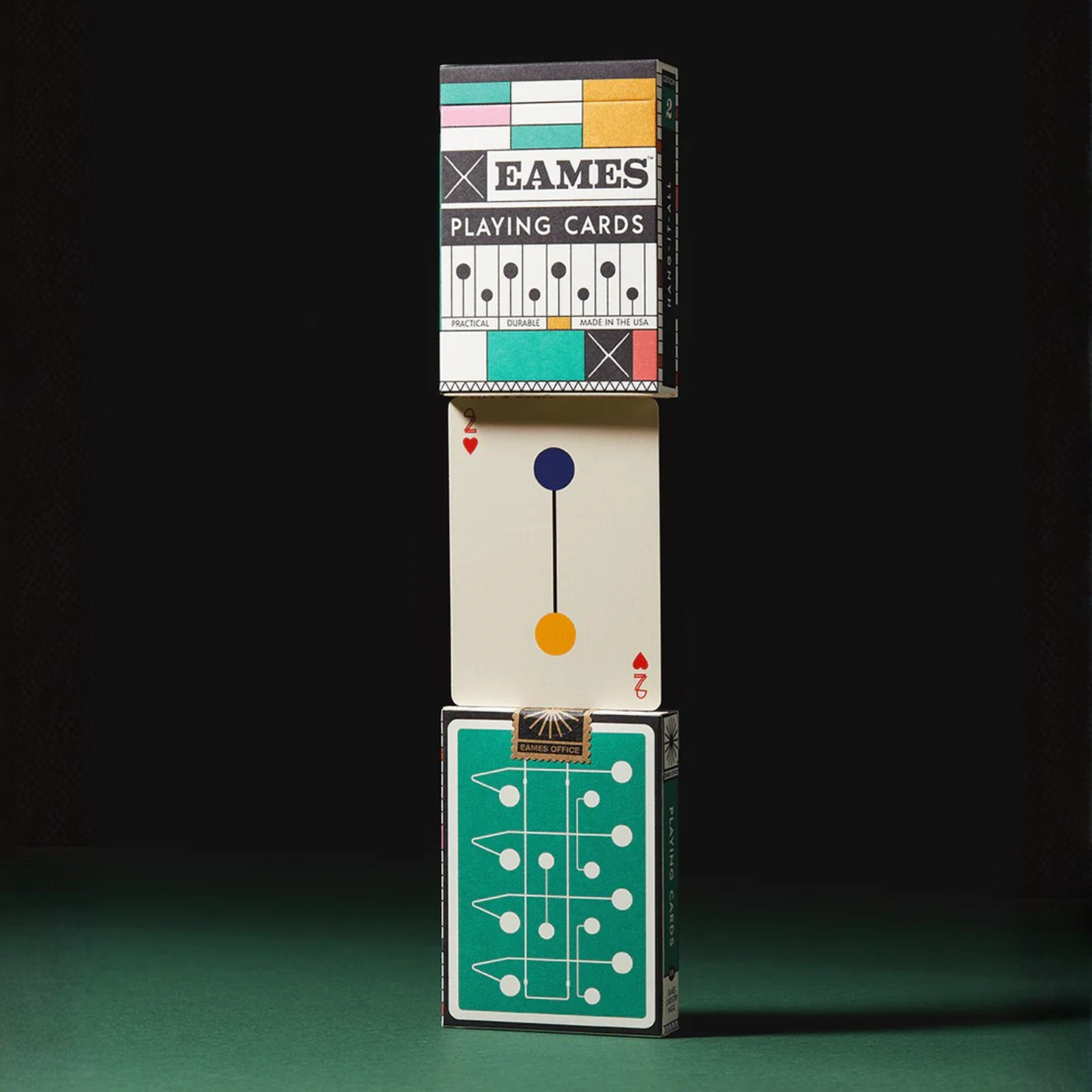 EAMES Playing Cards box and deck, with card backs showing atom circle dots