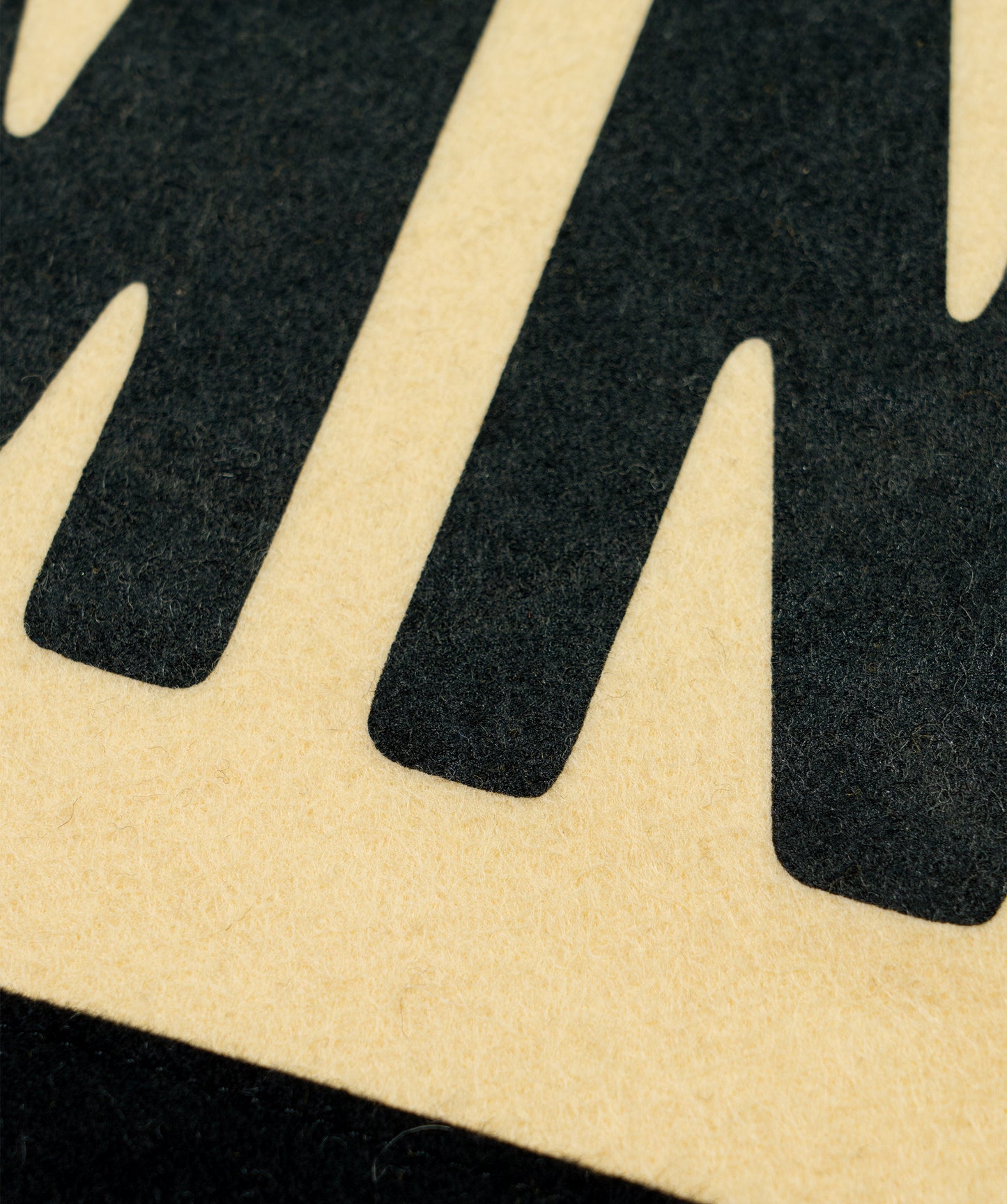 Close-up of camp flag fabric showing large “DAMN” letters in black on light tan