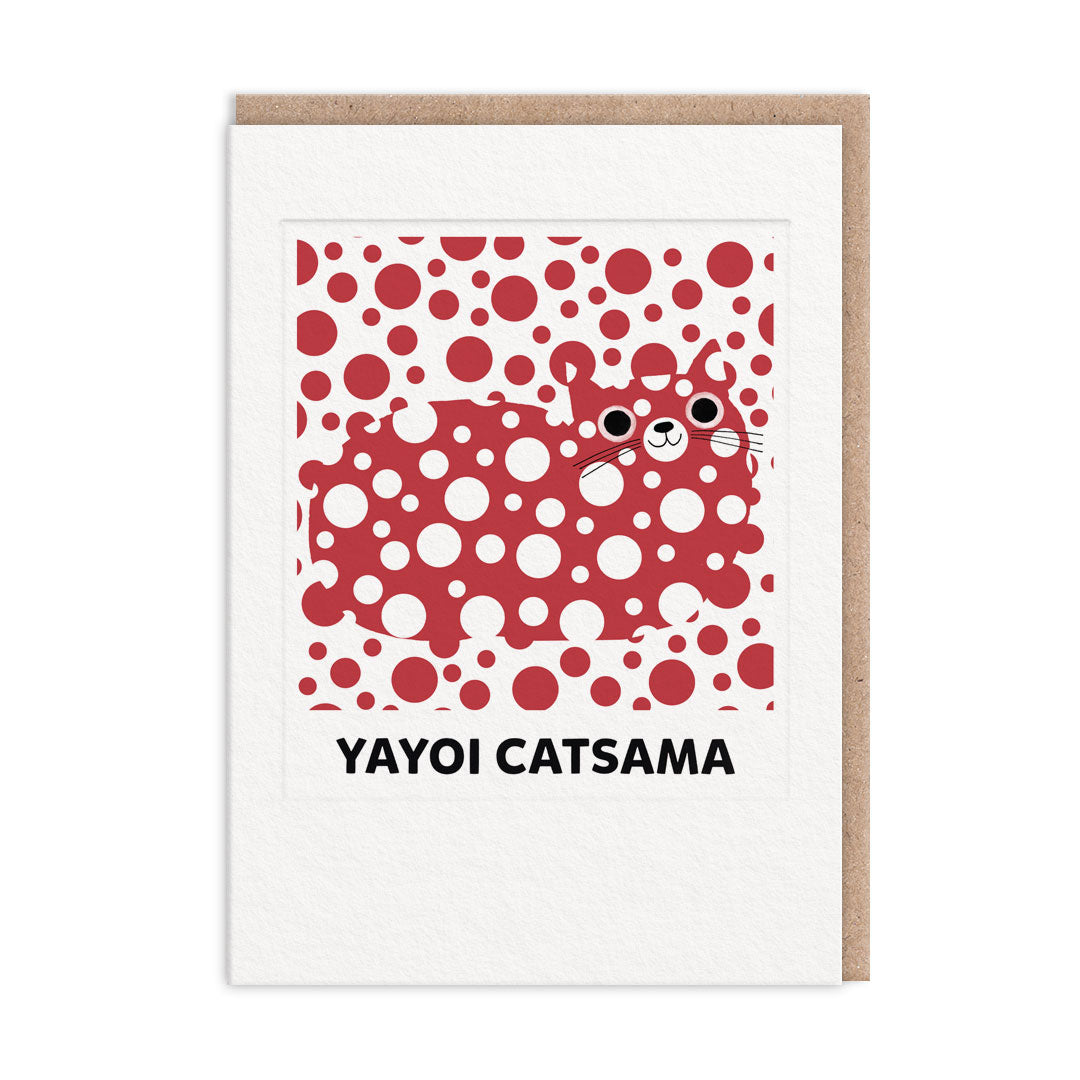 Greeting card with red polka-dot pattern and cartoon cat face, with text 'YAYOI CATSA'