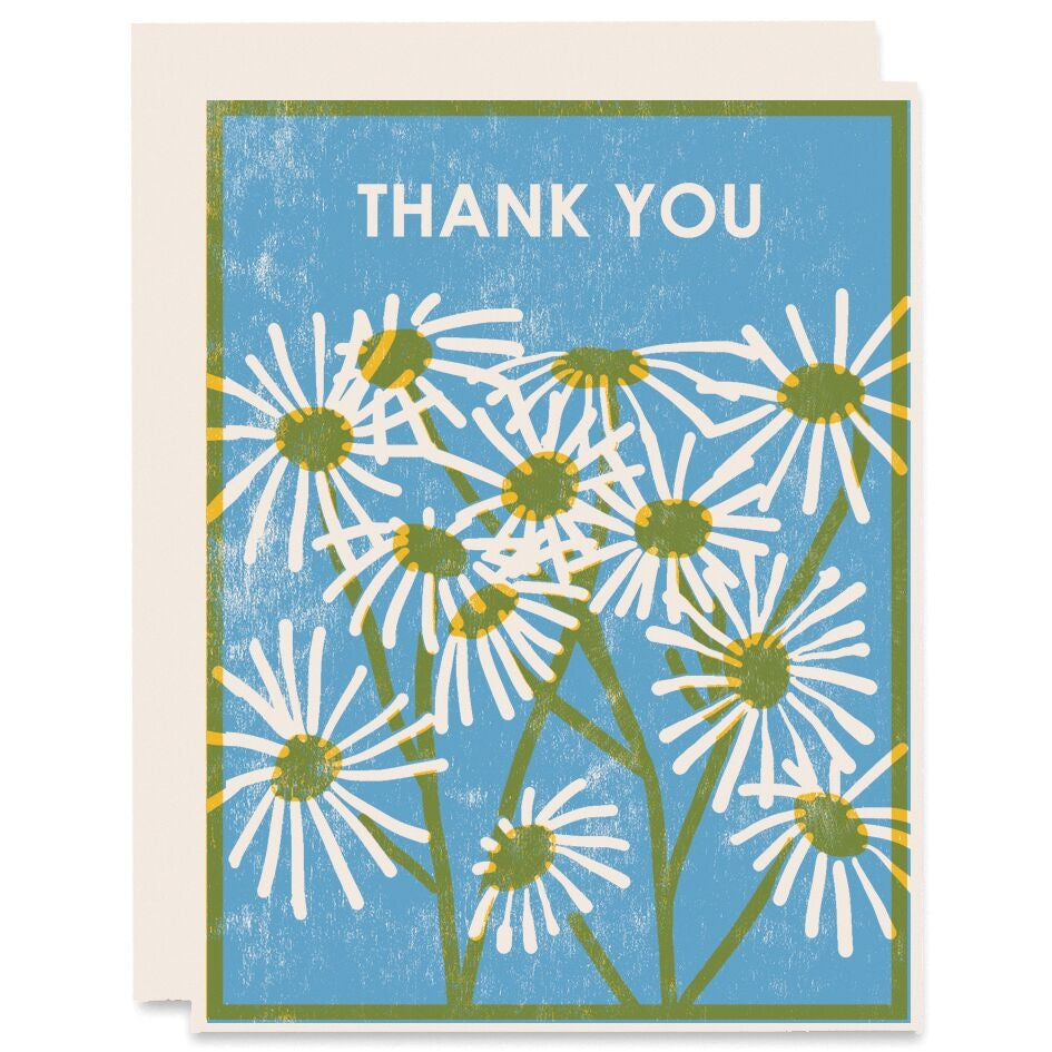 Thank you garden card with blue daisy background and white lettering
